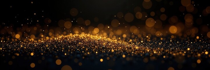 Shimmering gold dust particles suspended in mid-air against a dark background, shimmering, dust, elegant