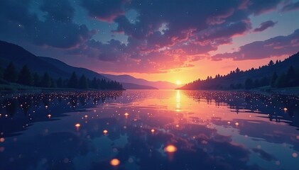 shimmering golden stars on a calm blue and purple lake surface, gold, calm, glassy