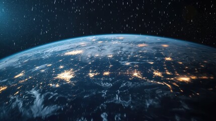 Obraz premium A stunning view of Earth from space, showing illuminated continents against a backdrop of stars, capturing the beauty and vastness of our planet.