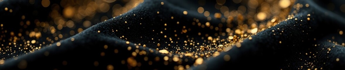 Shimmering gold flakes on black velvet fabric, luxurious, shine