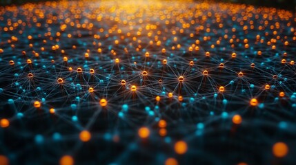 A network of interconnected nodes with glowing orange and blue lights forming a complex and futuristic structure