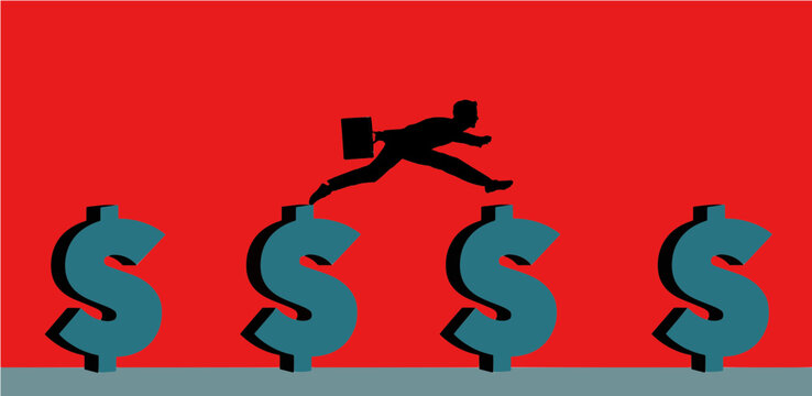 A businessman is chasing the moneu going from one job to another for higher pay. This is a 3-d illustration.