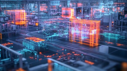 Futuristic Digital Factory with Neon Lights and Data Streams