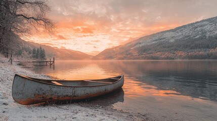 Fototapeta premium Serene sunrise over a snow-dusted lake with a canoe resting on the shore, mountains in the background.