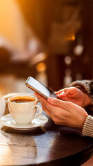 Detalhe de m&atilde;o com celular na m&atilde;o em um caf&eacute; para reuni&atilde;o de neg&oacute;cios