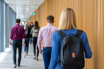 Business people walking in sunny office corridor