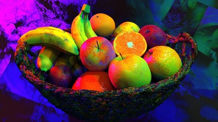 A 3D fruit basket with bananas, apples, and oranges in vibrant colors. 