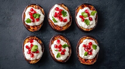 Fototapeta premium plant based dishes organic low calorie concept. A vibrant platter featuring roasted eggplant topped with yogurt, pomegranate seeds, and fresh herbs, ideal for a healthy appetizer or snack.