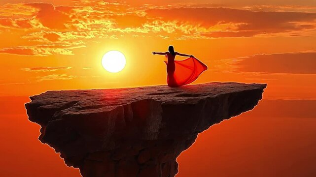 A silhouette of a woman holding a flowing scarf stands on a high cliff at sunset. Concept of empowerment and natural freedom.
