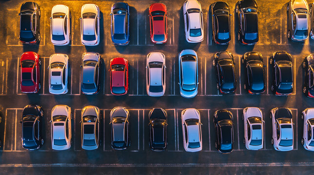 Rows of used cars displayed under bright dealership lights at night, showcasing automotive variety and the bustling activity of nighttime sales.