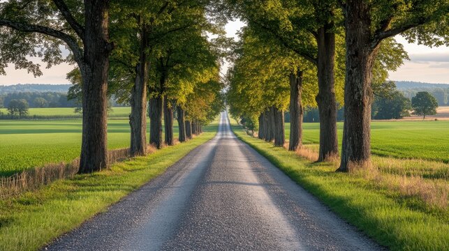 A tranquil road bordered by lush trees, guiding the viewer towards an expansive field under a clear sky, inviting exploration and serenity.
