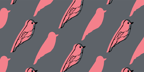 Elegant Pink Bird on a Gray Background with Artistic Line Details