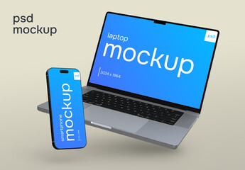Isolated laptop and smartphone mockup set