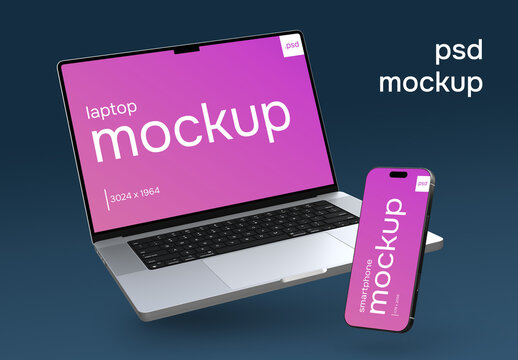 Isolated laptop and smartphone mockup set