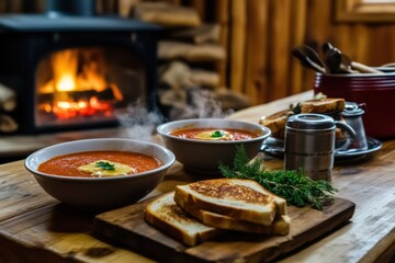 A cozy alpine cabin kitchen with a wooden table set for a winter meal, featuring steaming bowls of homemade tomato soup, grilled cheese sandwiches, and a roaring fireplace in the background. 