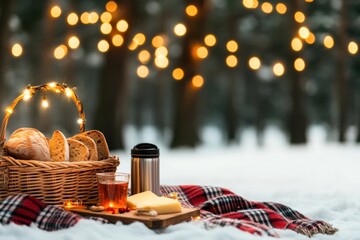 Obraz premium A cozy winter picnic in a snowy forest, a wooden basket filled with fresh bread, cheese, and thermoses of hot tea, a plaid blanket spread out with soft cushions.