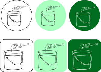 Black paint can and brush graphic line ink logo. Vector illustration liquid color bucket container with paintbrush icon.