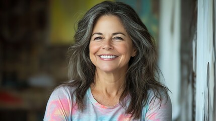 Fototapeta premium A beautiful middle-aged woman in a pastel t-shirt smiles gracefully, symbolizing balance and happiness.