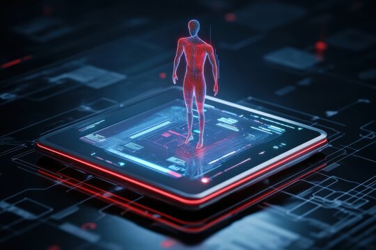 A futuristic biometric scale scanning a person body composition, a digital interface projecting detailed health metrics, sleek and modern high-tech environment. 