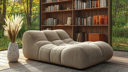 a cozy, inviting lounge chair in a sunlit living room, with a bookcase in the background