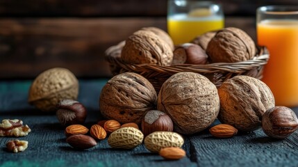 A Basket Of Walnuts Hazelnuts And Almonds With Juice