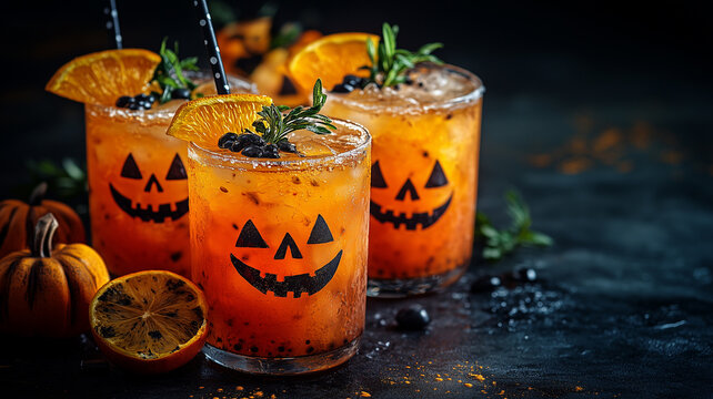 Halloween themed drinks with fun garnishes, featuring orange slices and spooky designs. Perfect for festive gatherings
