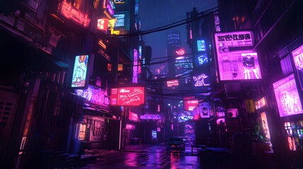 Neon Alley in Futuristic Cityscape at Night with Glowing Lights