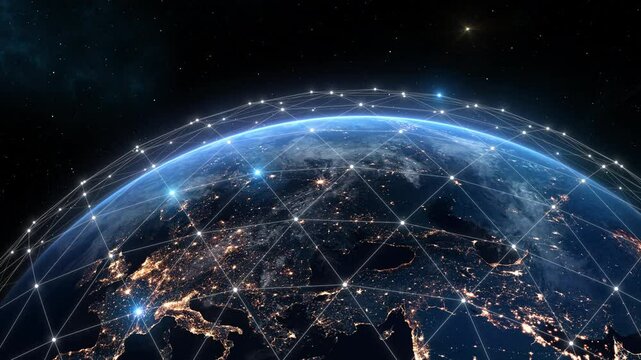 Beautiful Digital Network Grid over Earth. Global Worldwide Internet, Control System Illustration. Night Cities Lights, World Wide Web View from Space Orbit Satellite. Business Technology Concept 4k.