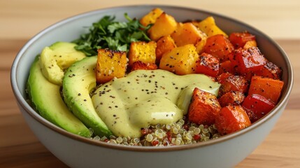 plant based dishes organic low calorie concept. A colorful bowl featuring quinoa topped with roasted vegetables, avocado, cilantro, and a creamy dressing, perfect for a healthy meal.