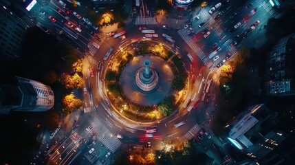 Fototapeta premium Aerial view showcasing a vibrant city at night, illuminated buildings surrounding a central fountain creating a captivating urban scene.