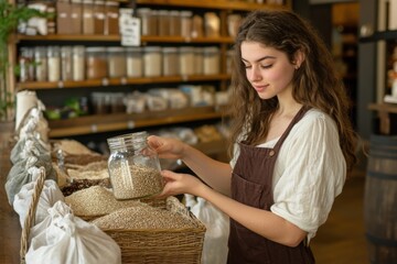A young woman shopping at a zero-waste store, filling a glass jar with grains from a bulk dispenser, reusable cloth bags in her basket, warm natural lighting.