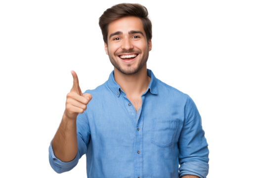 A happy man in a blue shirt pointing at something with his right hand, transparent background PNG file
