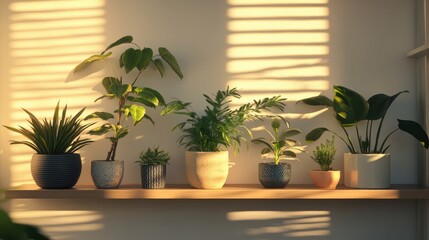 Fototapeta premium Modern Interior Scene with Houseplants in Decorative Pots on Shelf