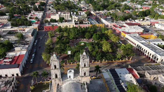 Aerial view of a park from behind a temple in Mexico