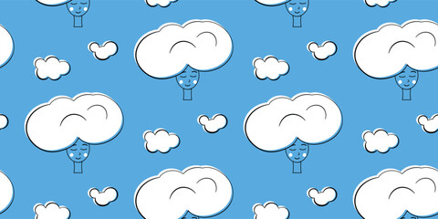 Happy Cloud Faces on a Blue Background