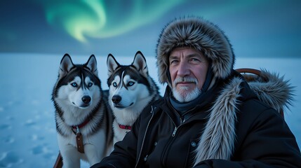 Man with huskies under the mesmerizing aurora borealis