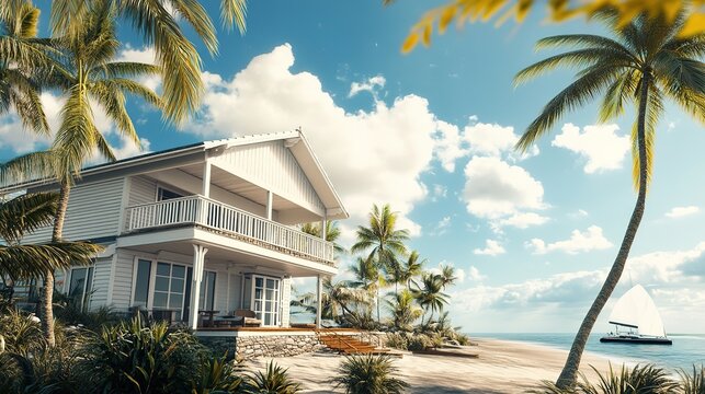 A small wooden cabin on the beach with an outdoor terrace overlooking the sunset over the ocean, in a modern style, with a tropical landscape, hyper-realistic,