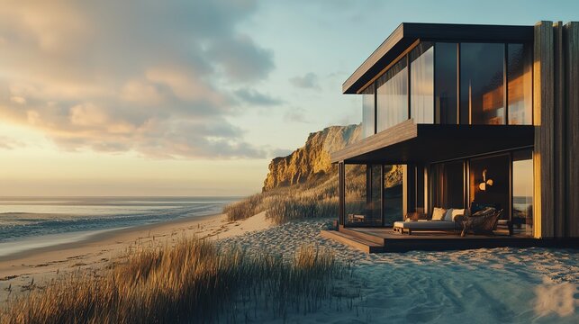 A small wooden cabin on the beach with an outdoor terrace overlooking the sunset over the ocean, in a modern style, with a tropical landscape, hyper-realistic,