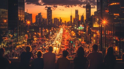 Obraz premium A group of individuals stands on a ledge, gazing at a sprawling city illuminated by night lights, creating a vibrant urban landscape.