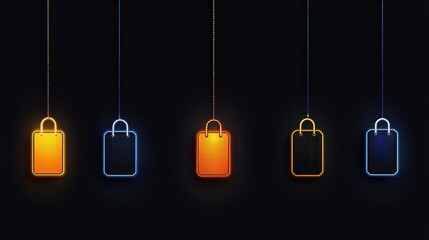 Neon Shopping Tags Set on a Dark Background for Sale Promotion or Retail Advertising