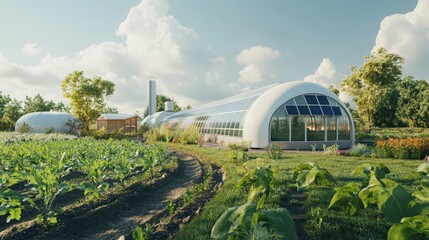 Fototapeta premium A greenhouse is surrounded by a field of vegetables
