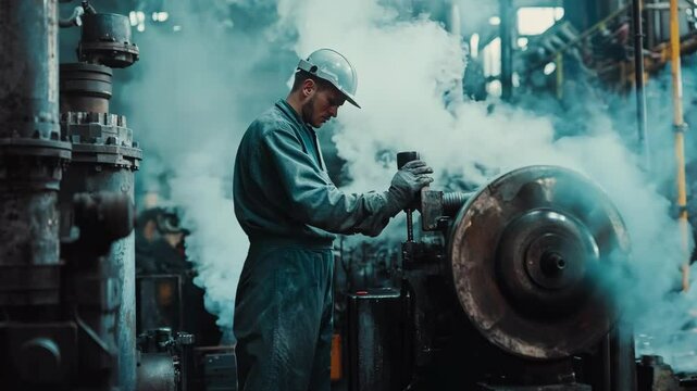 An industrial worker operating heavy machinery in a factory, surrounded by steam and metalwork, representing labor and engineering