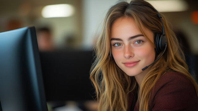 A young female customer support agent wearing a headset with a mic and looking at the camera while working at the call center - Powered by Adobe
