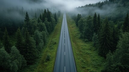 Aerial view showcasing a winding road traversing through a dense, lush forest landscape, highlighting the beauty of nature and tranquility.