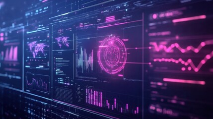 Futuristic Digital Data Interface Global Network Charts and Graphs Visualization