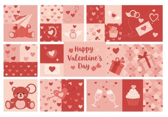 Fototapeta premium Valentine's Day collage, pink and red squares, heart patterns, teddy bear, love symbols, paper airplane, cupcake, gift box, engagement ring, champagne glasses