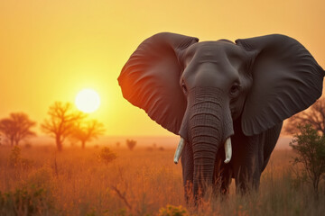 Obraz premium African elephant (Loxodonta africana) in savanna at sunset
