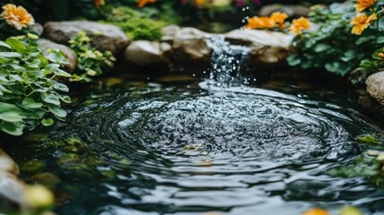 Naklejka premium A tranquil garden features a small waterfall, surrounded by lush greenery, creating a serene and picturesque natural setting.