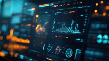 Obraz premium Futuristic Tech Interface Data Analytics Dashboard Displaying Graphs and Charts