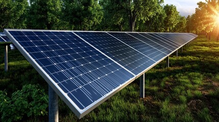 A row of solar panels in a field with trees in the background